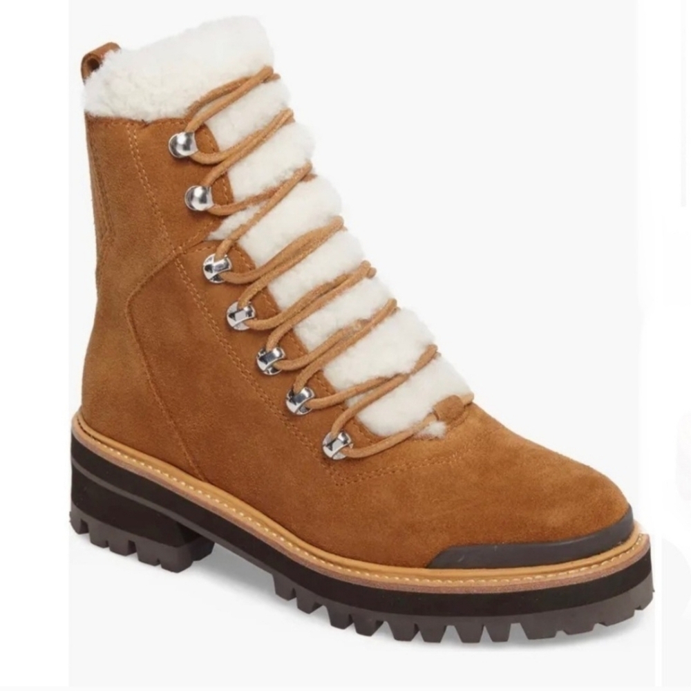 Marc Fisher LTD Shearling Lined Lace-Up Combat Boots Tan Suede Lug S Women’s 6M